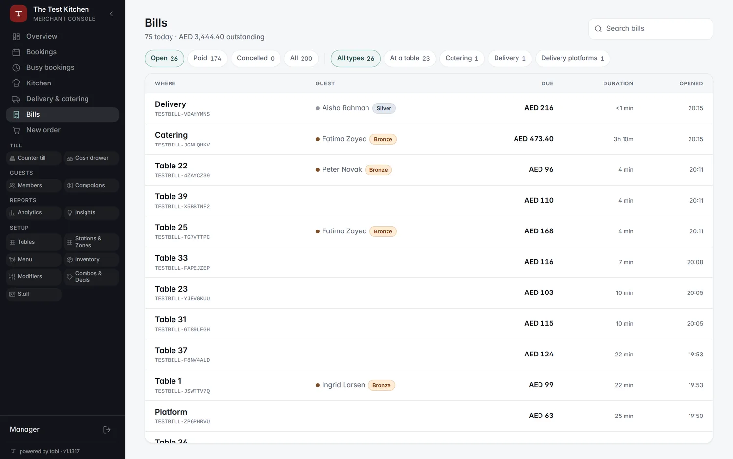 The bills list: open, partly paid, requested, paid — every table's money