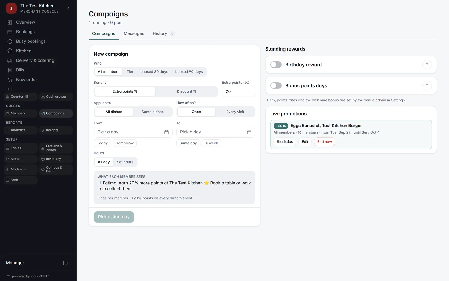 Building a campaign: dishes, discount, dates and audience