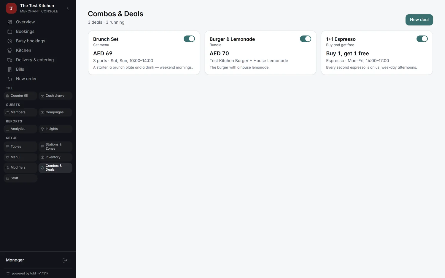 Combos and deals configured in the console