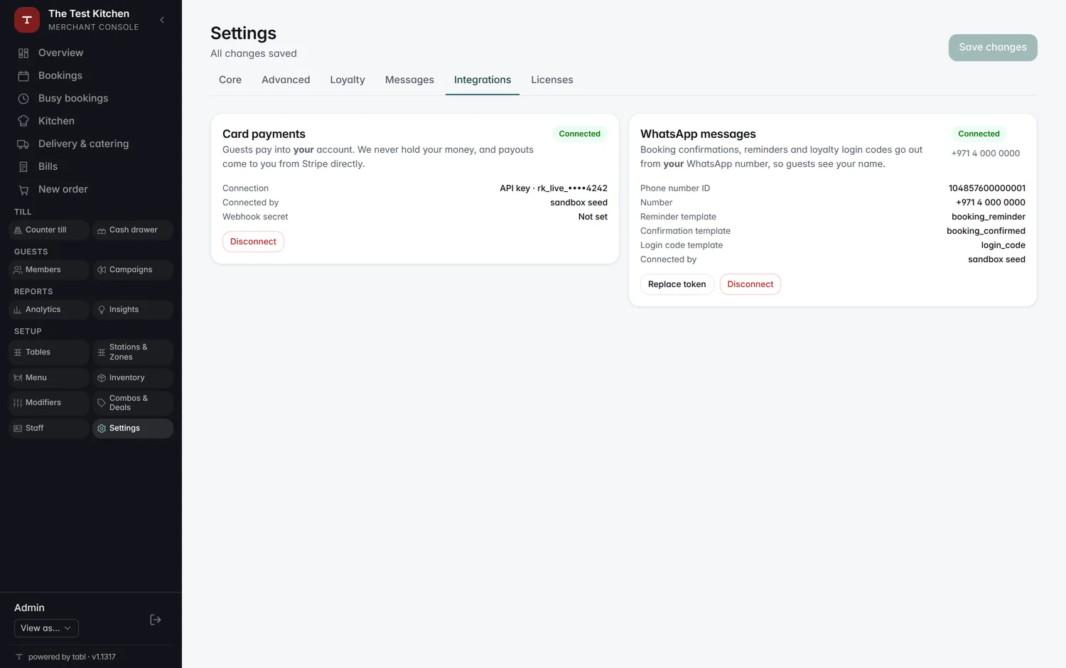Settings → Integrations, with the payment and WhatsApp accounts