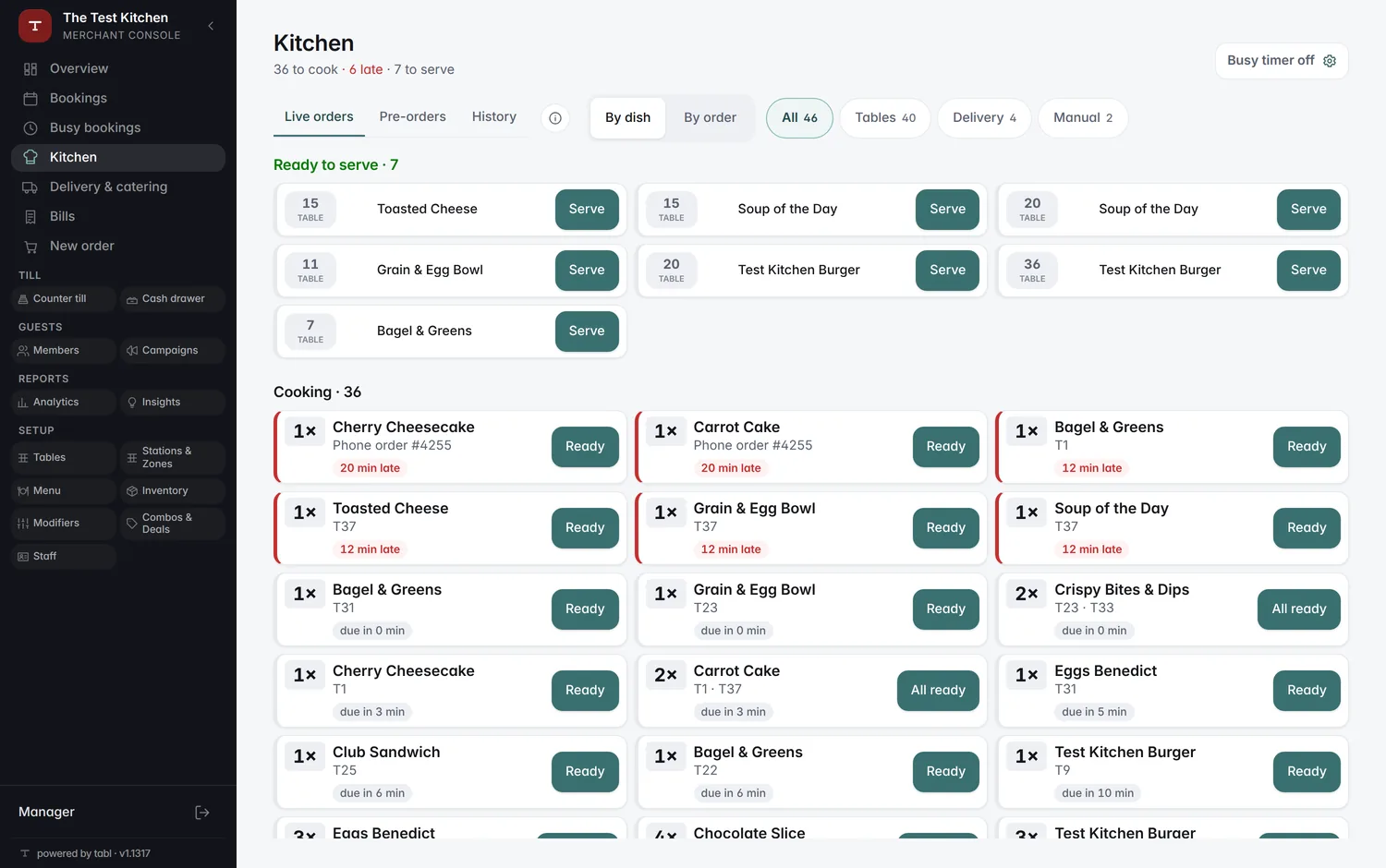 The kitchen board with thirty-odd live lines, some ready, most cooking