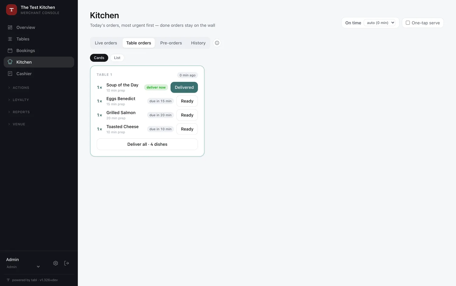 The table-orders inbox: this table's order as one ticket, with Deliver all