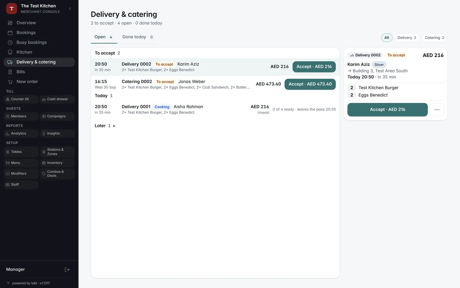 The catering and delivery board: created, confirmed, prepared and delivered