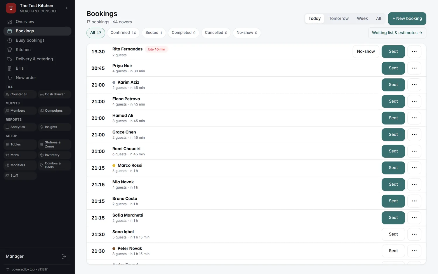 Tonight's bookings while the room is full