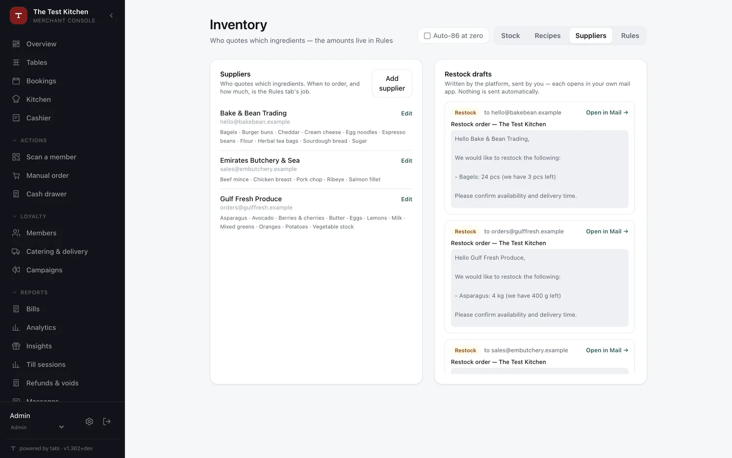 Restock drafts, one email per supplier