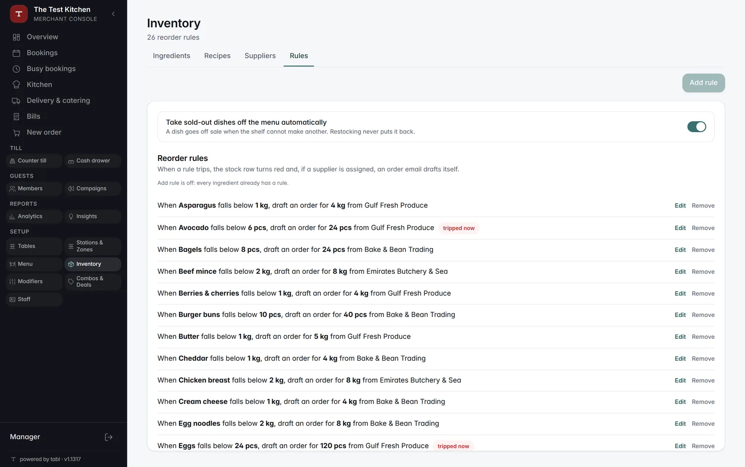 Inventory rules: a par level and a reorder amount per ingredient