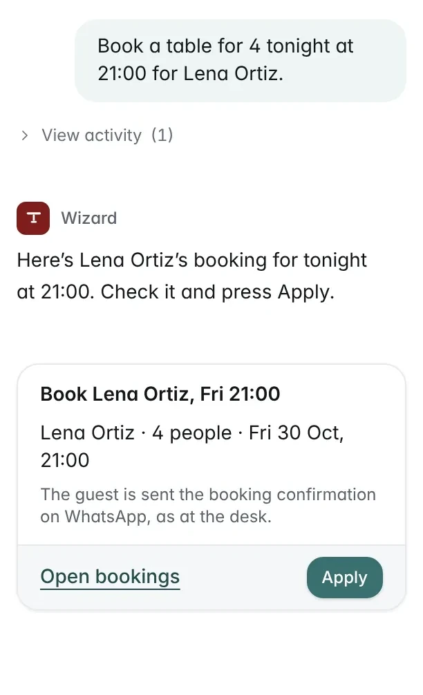 The Wizard asked to book a table for four at 21:00 for Lena Ortiz: the booking waits on a card until the manager presses Apply