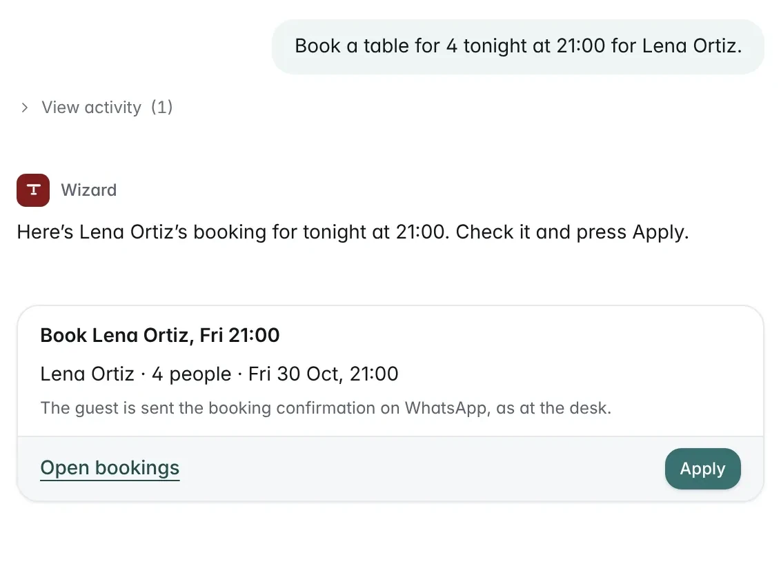 The Wizard asked to book a table for four at 21:00 for Lena Ortiz: the booking waits on a card until the manager presses Apply