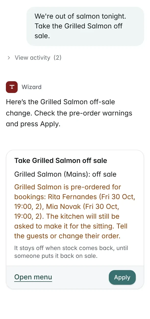 The Wizard asked to take the Grilled Salmon off sale: its card names the two bookings that pre-ordered the dish and waits for Apply