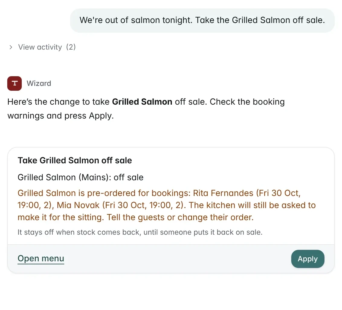 The Wizard asked to take the Grilled Salmon off sale: its card names the two bookings that pre-ordered the dish and waits for Apply