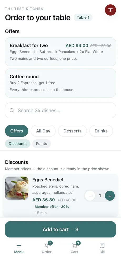The guest's order landing on the table's bill