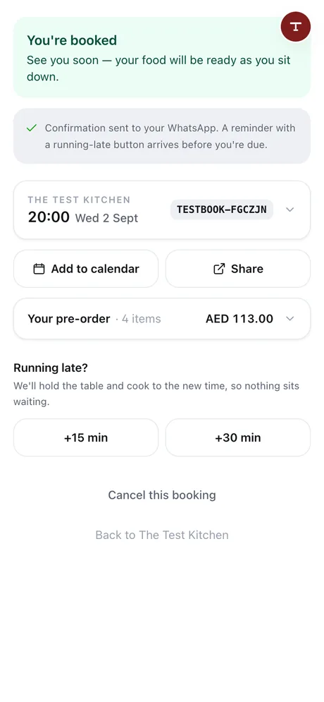 The booking confirmation with the pre-order and deposit