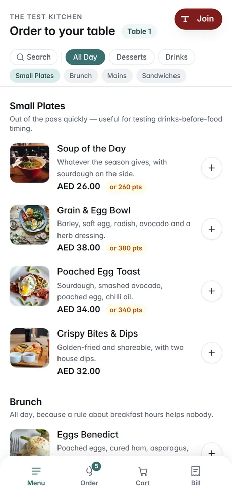 The digital menu on the guest's phone at table 1