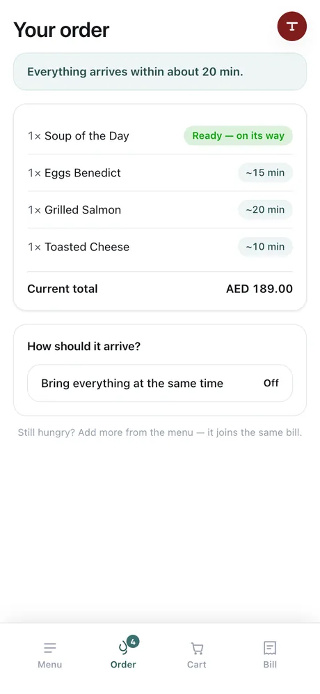 The guest's own order: one dish ready and on its way, the rest with their timings