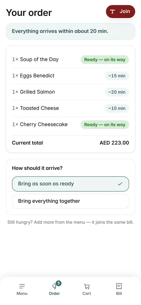 The same order on the guest's phone, two dishes on their way