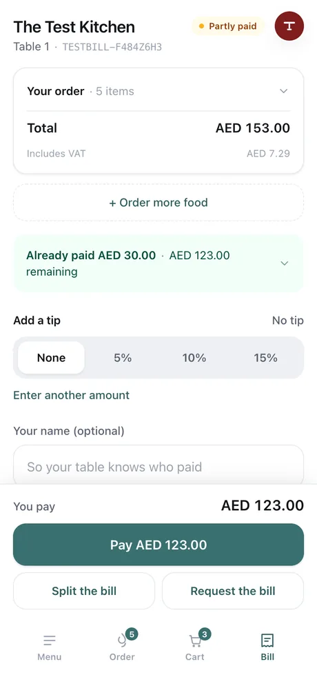 The bill on the guest's phone with split, tip and pay