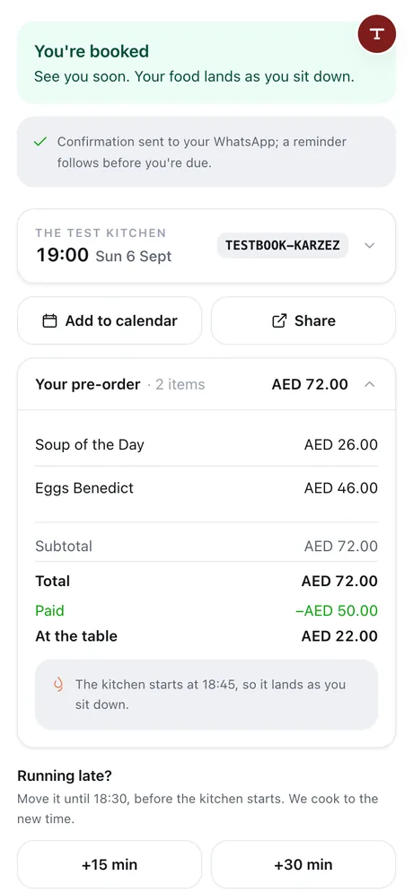 Layla's booking for 19:00 on her phone, with the same two dishes