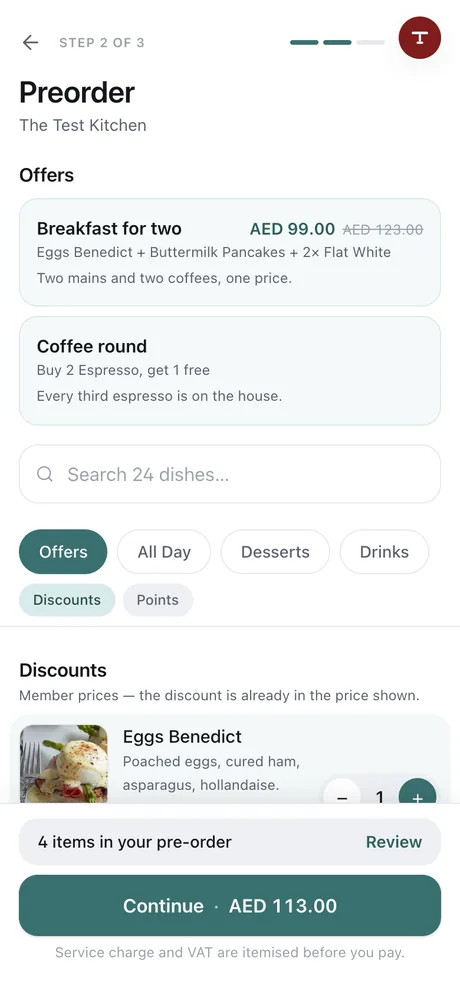 Picking dishes to pre-order while booking a table
