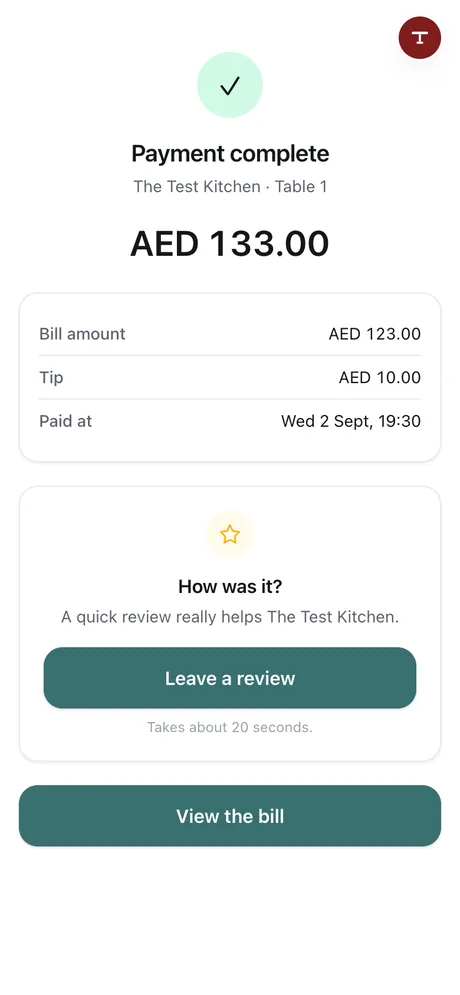 The receipt on the guest's phone after paying online