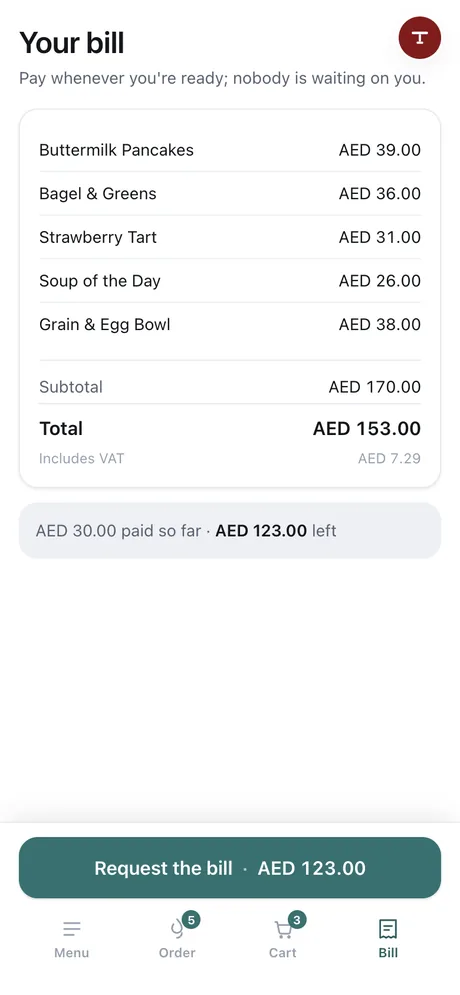 The request-the-bill confirmation on the guest's phone