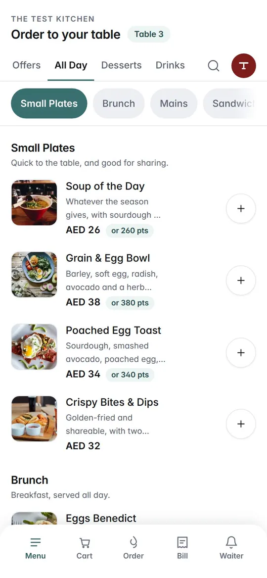 The QR menu on Aisha's phone at table 3: soup, the Grain & Egg Bowl and the Poached Egg Toast added one by one from the photo menu, then taken off again