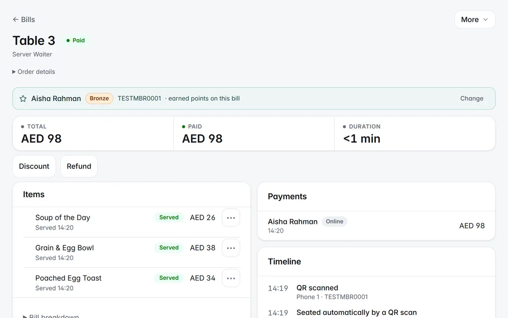 The staff's bill for table 3: Aisha's AED 98, paid online from her phone
