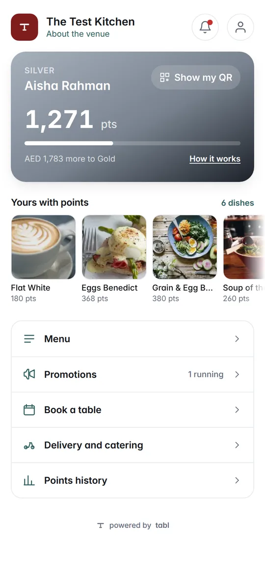 Aisha's card some weeks on: Silver, 1,271 points, and her favourite dishes with the points each costs