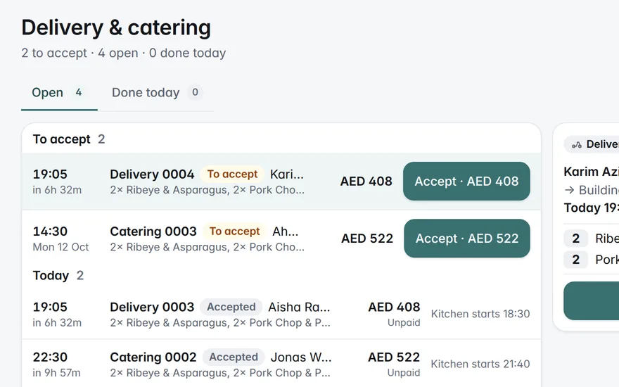 The delivery and catering board: two new orders to accept, and today's orders already accepted