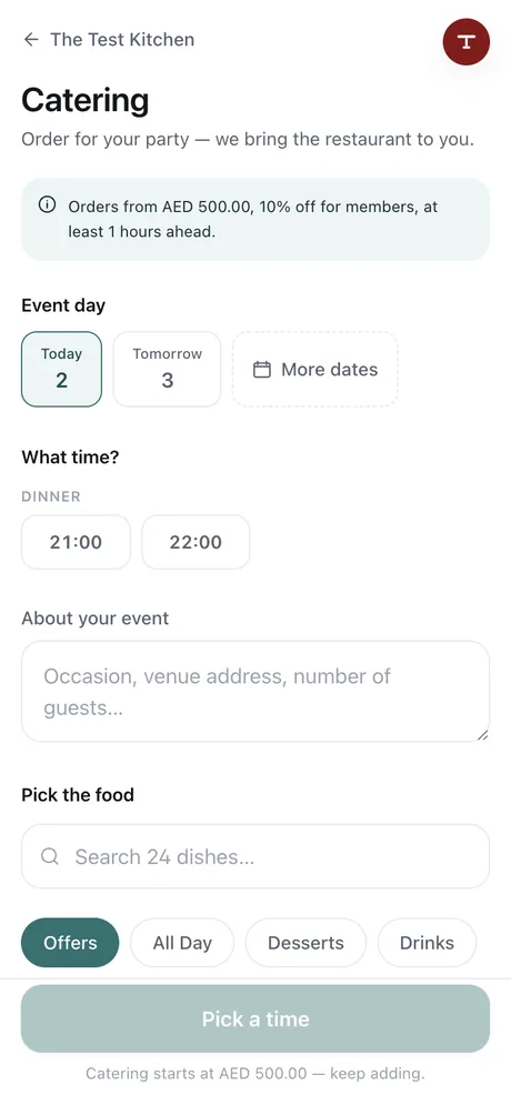 A member ordering catering for a date, quoted at the member rate