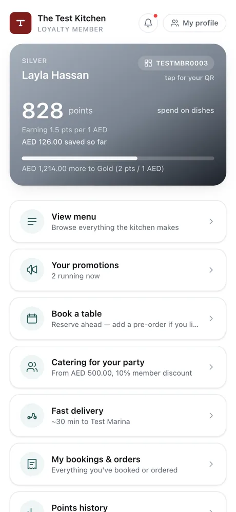 The member's card on their phone: points, tier and progress