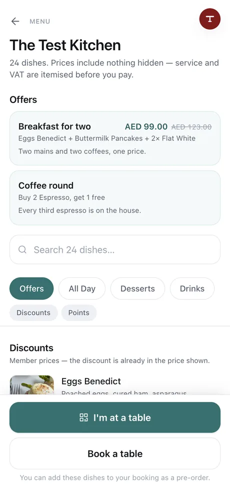 The member's menu quoting the offer prices