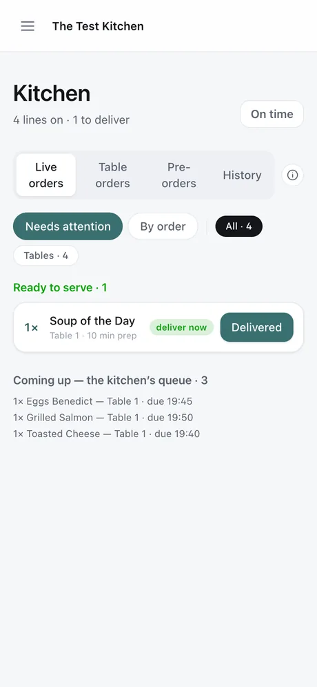 The waiter's phone: this table's ready plate under Ready to serve, the rest of its order in the queue beneath