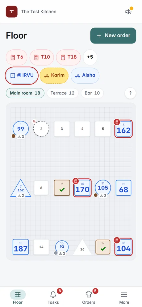The room on a waiter's phone, with what each table needs